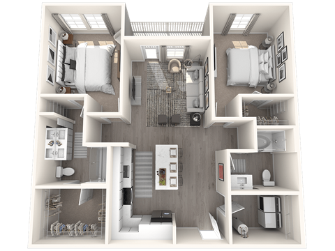 a 3d floor plan of a bedroom and a bathroom
